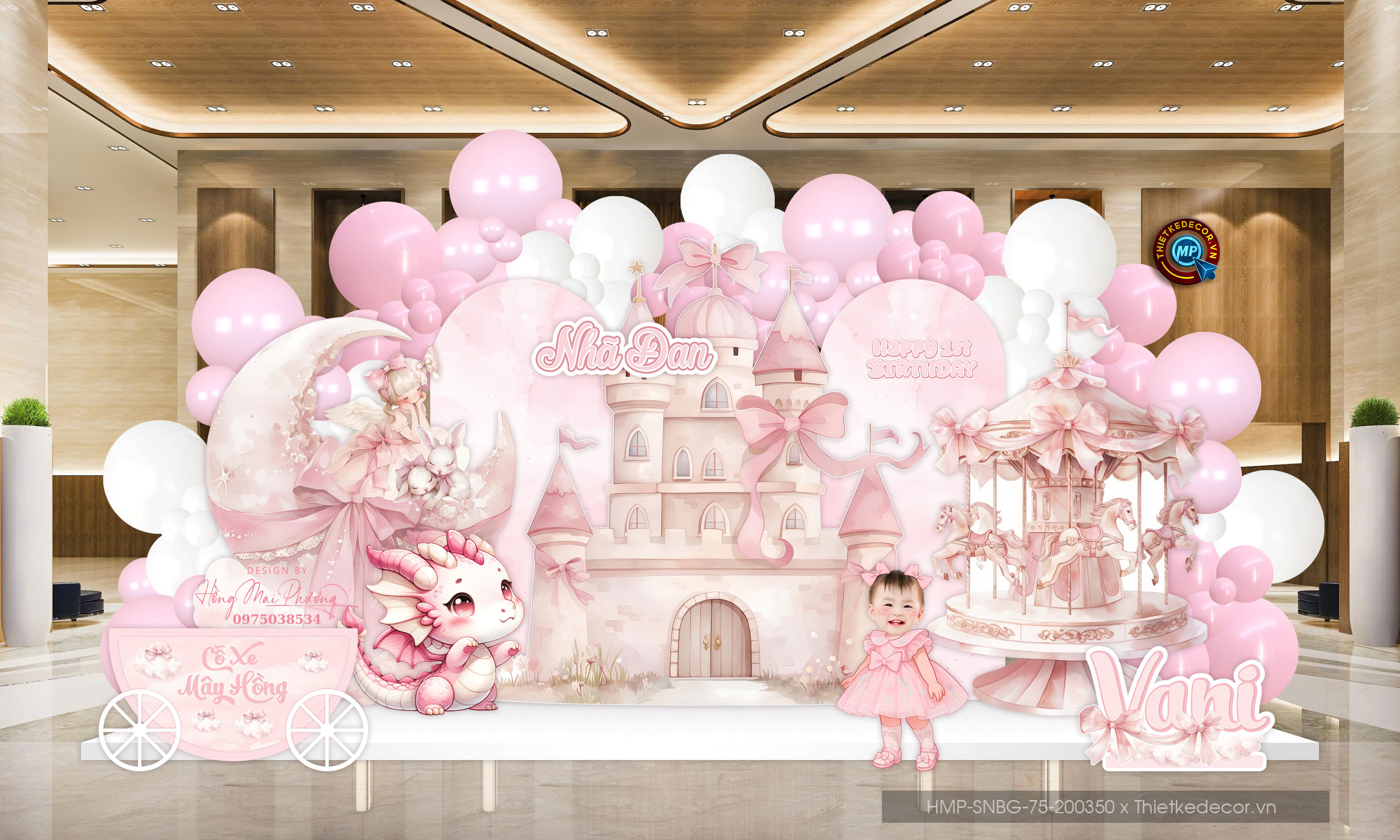 File thiết kế sinh nhật bé gái tone hồng dễ thương chủ đề lâu đài cổ tích đáng yêu cute sang trọng.